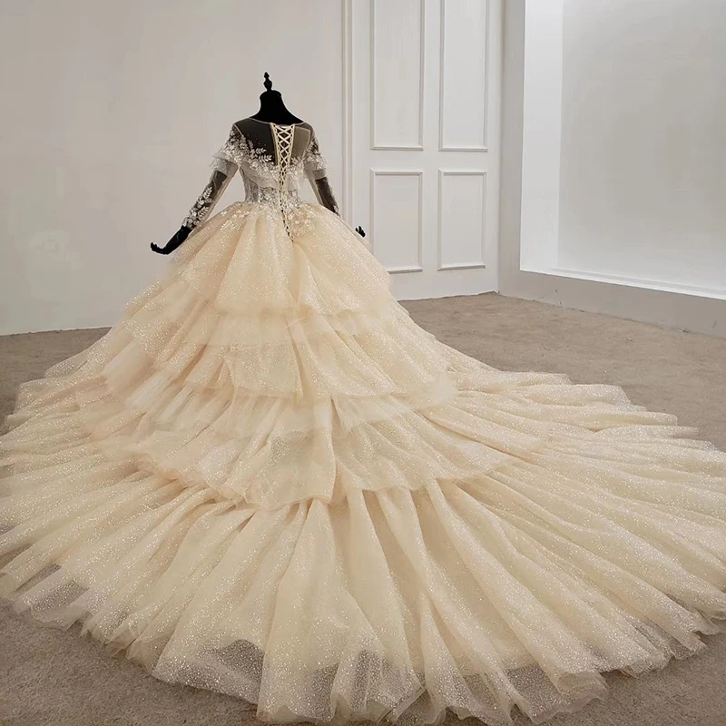 HTL1286 Luxury Wedding Dress O Neck Long Sleeves Tiered Flower Ball Gown Lace Up Illusion Glitter ชุดเจ้าสาว | Свадьбы и