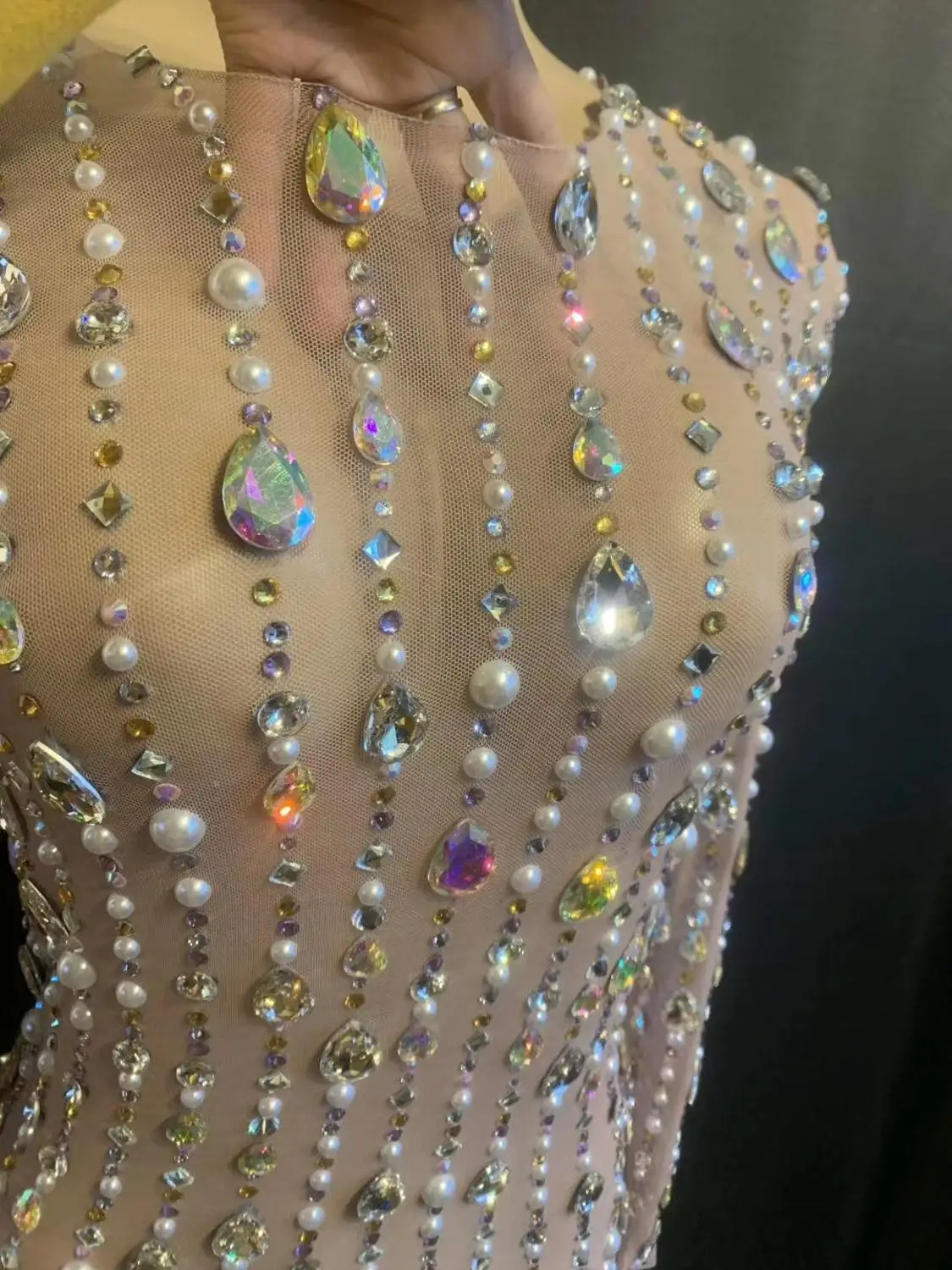 New Fashion Colorful Rhinestones Pearls Long Dress Birthday Celebrate Stretch See Through Perspective Evening Sexy Dresses | Тематическая
