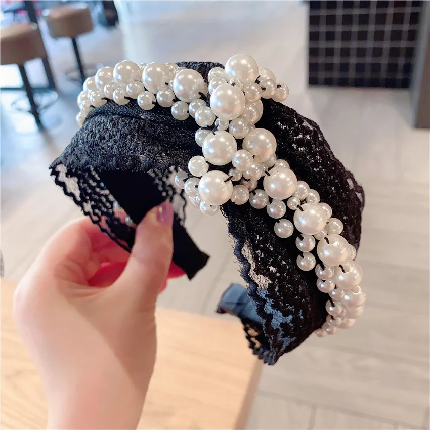 

New Big Sea Pearl Beaded Headband Headhoop 2021 Luxury Elegant Full Pearl Lace Embroidery Headband Hairband for Women Headwear