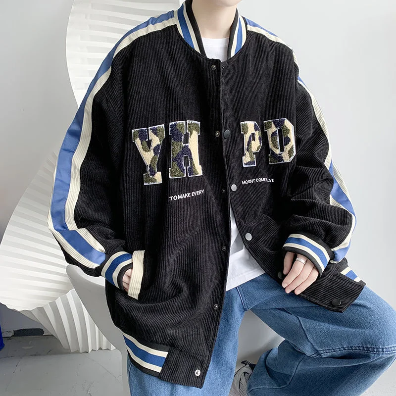 

PR Embroidered Color-Block Letters Printed Corduroy Baseball Men's Jacket Streetwear Hip Hop Men's Coats Male Casual