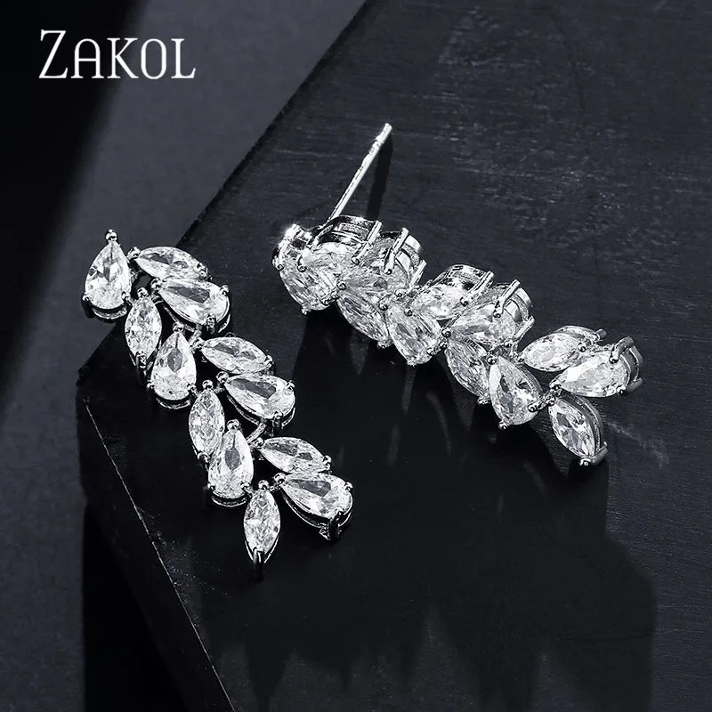 ZAKOL блестящие кубические циркониевые листья Длинные элегантные свадебные