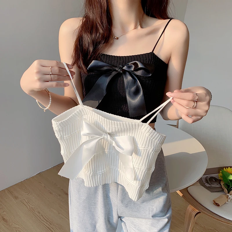 White Small Camisole Women's Spring and Autumn Bow Knitted Crop TOP 2021 Summer Female Clothing