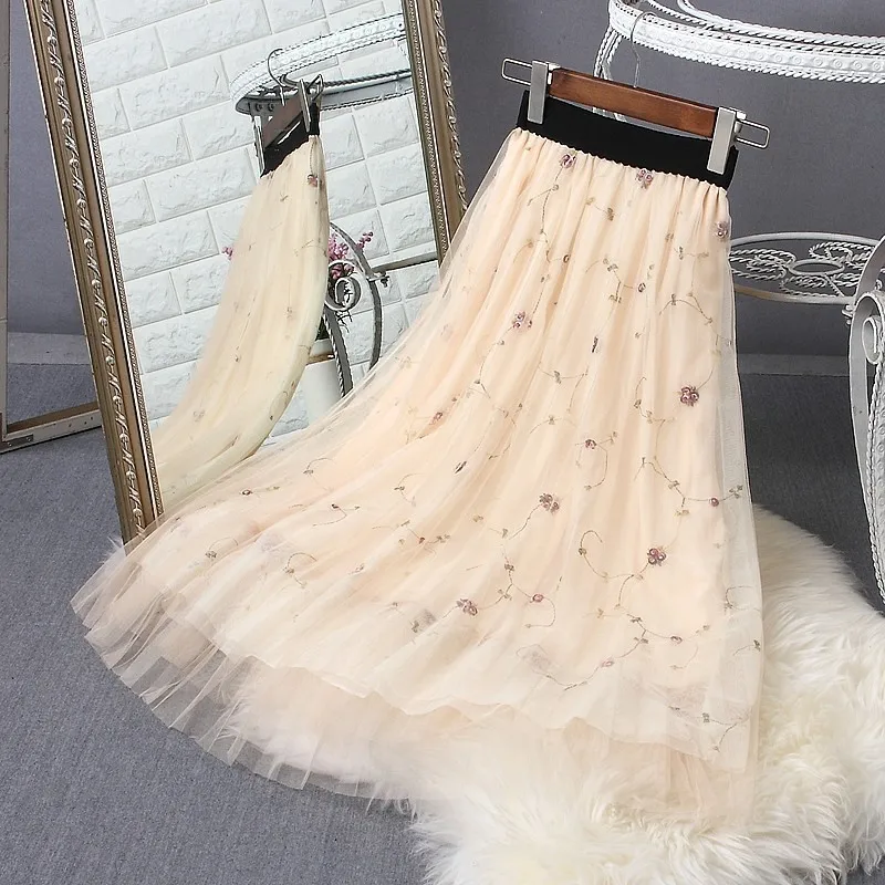 

2020 Summer Vintage Skirts Womens Elastic High Waist Tulle Mesh Skirt Long Pleated Tutu Skirt Female Jupe Longue Maxi Skirt P509