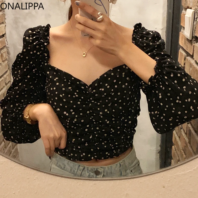

Женская рубашка с пышными рукавами ONALIPPA, элегантная повседневная блузка в корейском ретро-стиле с квадратным вырезом и складками, в стиле Ins...