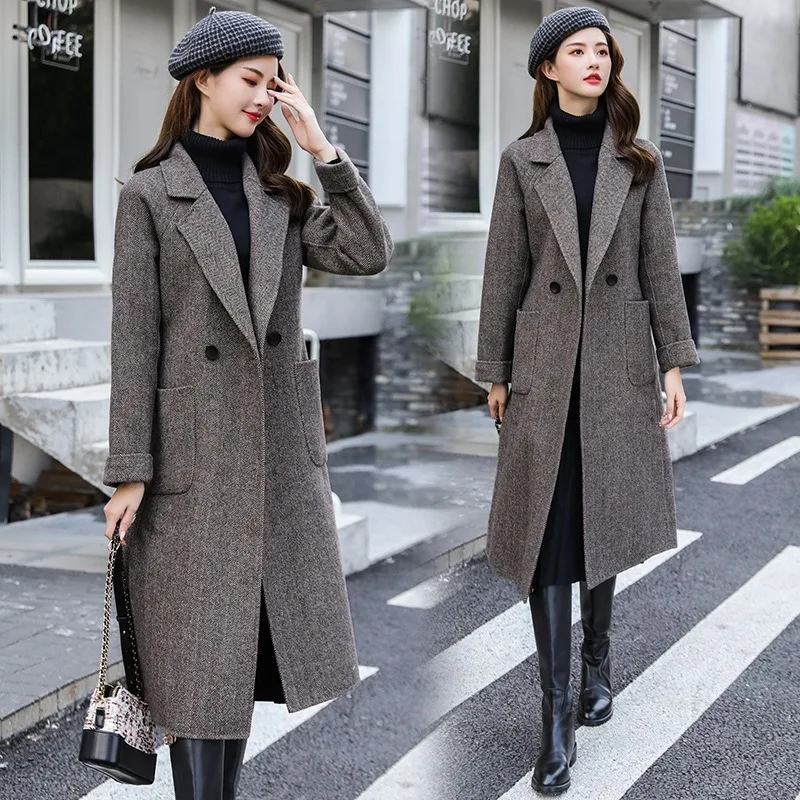 

European and American Style New Double-Sided Woolen Coat Women's Mid-Length Slim Herringbone Off-Season Cashmere-Free Coat Dress