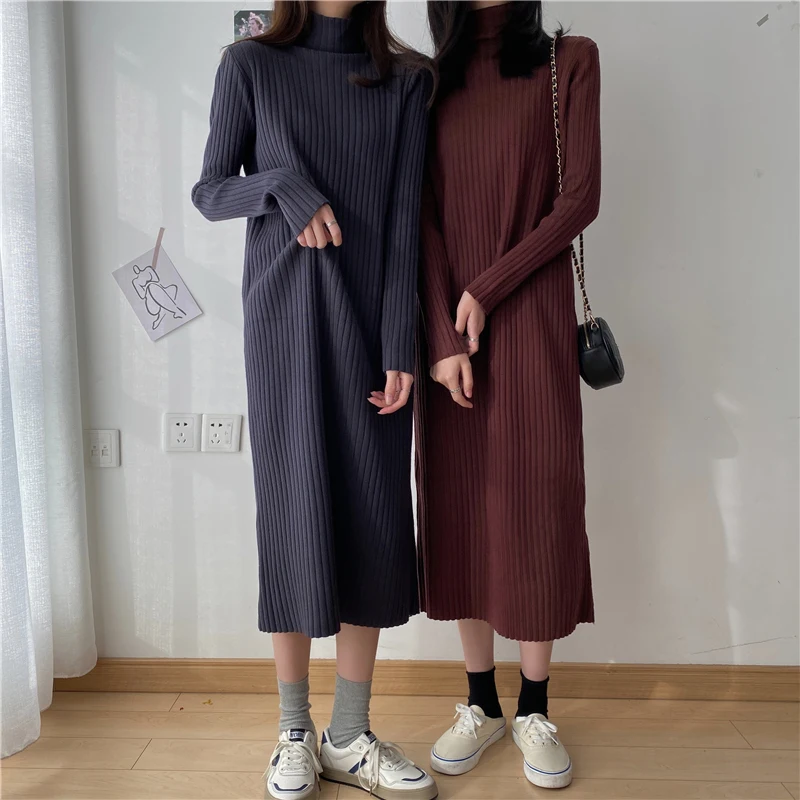 

Autumn and winter 2021 new thick mid-length sweater skirt half high neck knitted all-match dress female 5 colors