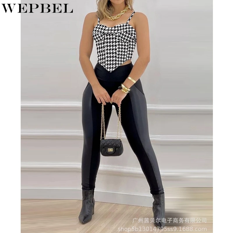 

WEPBEL Women's Sexy Houndstooth Printed Suit Summer Strapless Spaghetti Strap Top + High Waist Stitching Pencil Pants Suit