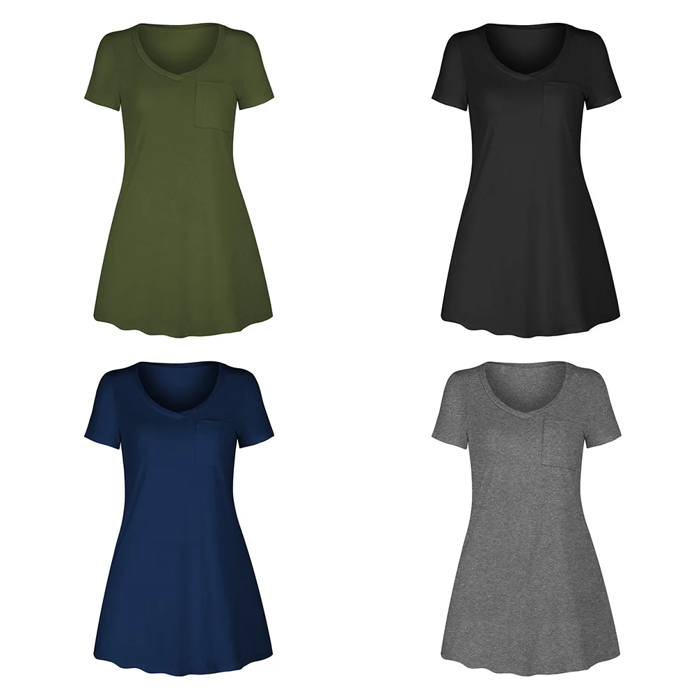 

Women Dress Solid Color Summer Sundress V-Neck Dresses Short Sleeve Party T shirt Loose Mini Dress African Vestidos Pluse Size