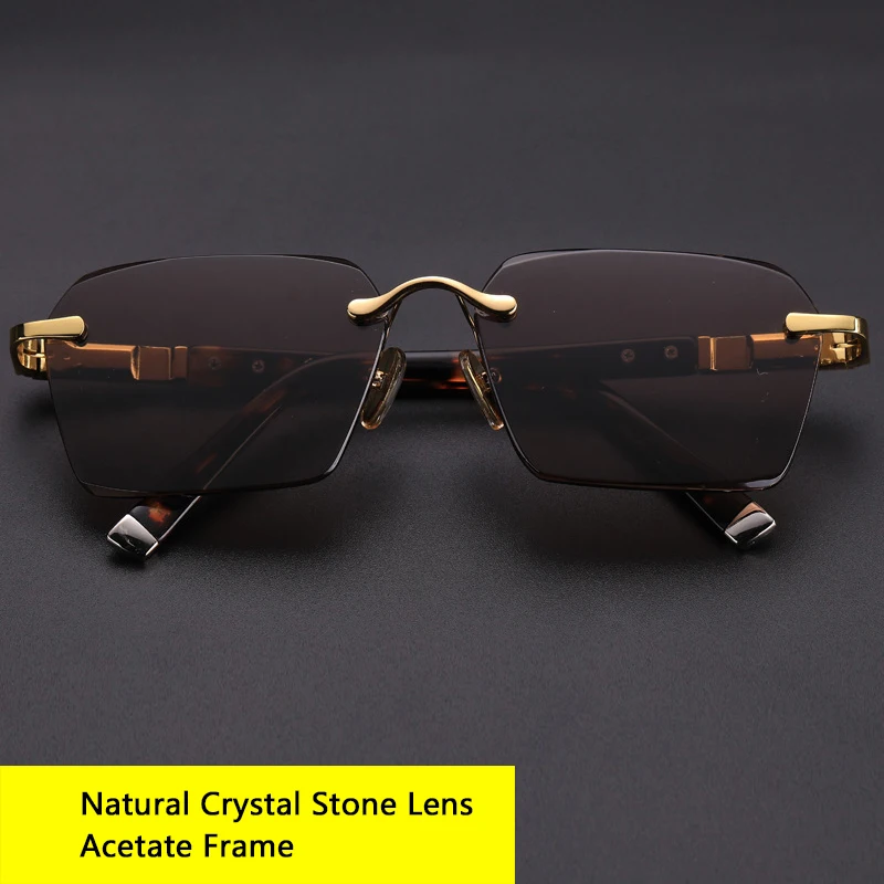 

Vintage Acetate Rimless Glass Sunglasses Man Natural Crystal Stone Lens Sun Glasses Woman Anti Eye Dry Scratch UV400 Goggles