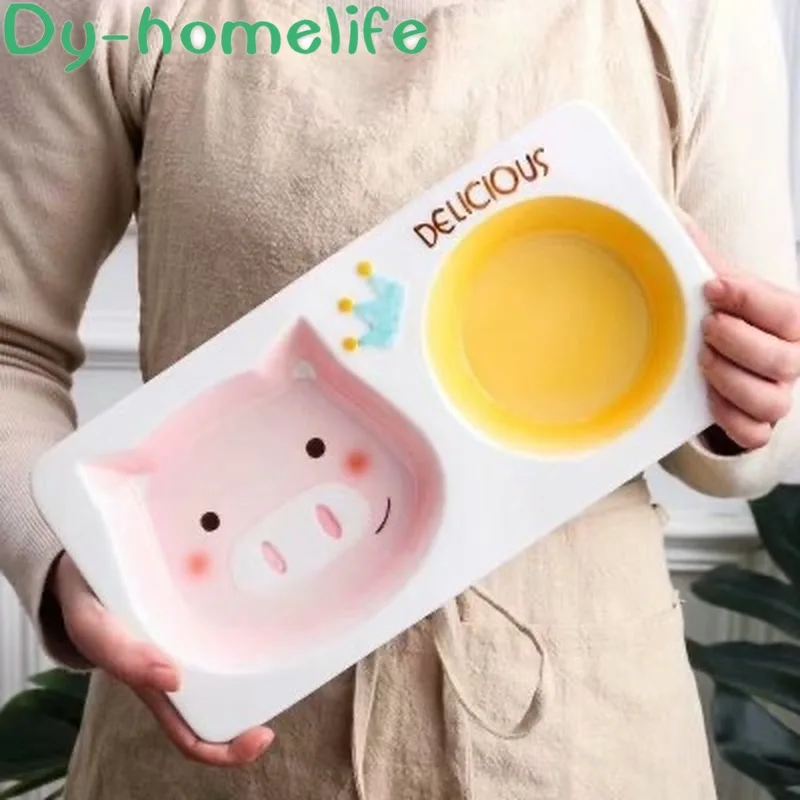 

27.5*16.5cm Japanese Style Creative Cartoon Animal Cat Pig Rectangular Ceramic Dish Kitchen Supplies Bone China Grid Child Dish