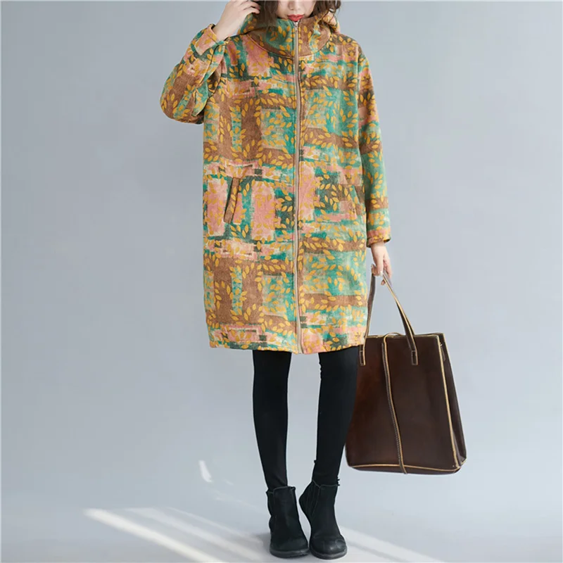 

Женская ветровка средней длины, теплая хлопково-Льняная ветровка в этническом стиле с бархатным утеплителем и принтом, весна-осень 155