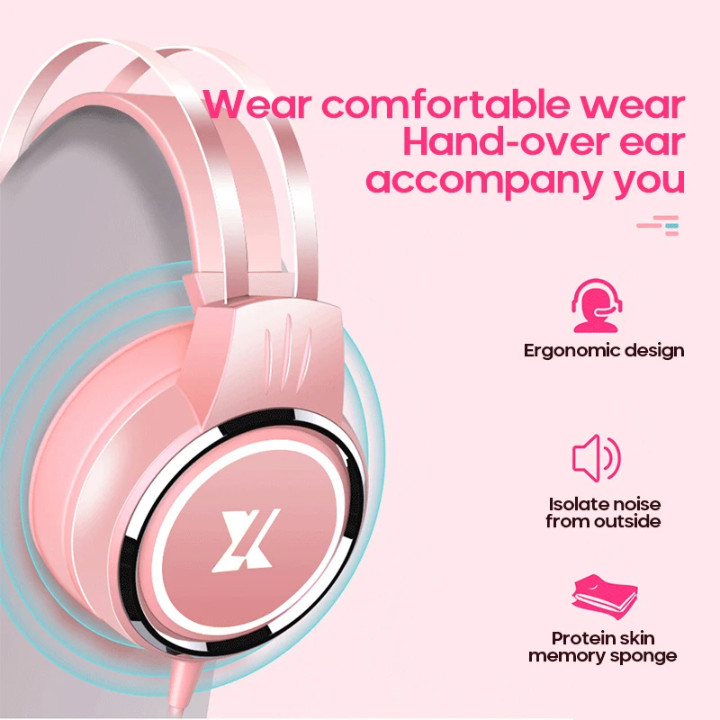 Проводные розовые Игровые наушники с эффектом объемного звучания микрофоном и