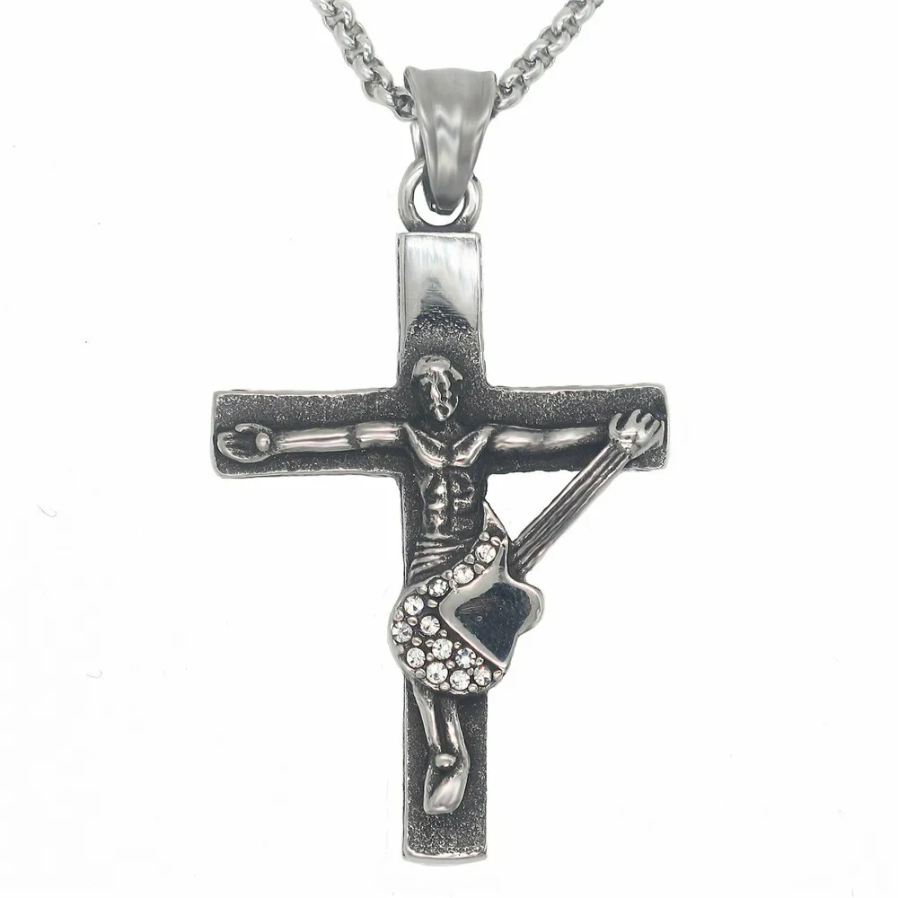 

Jesus Playing Guitar Crucifix Necklace Pendant Stainless Steel Hip Hop