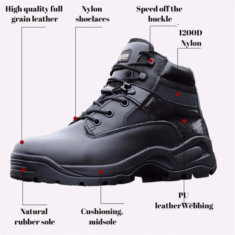 Men Army Tactical Leather Low-Zip Waterproof Combat Boots Black Outdoor Hiking Sneaker Climbing Shoes