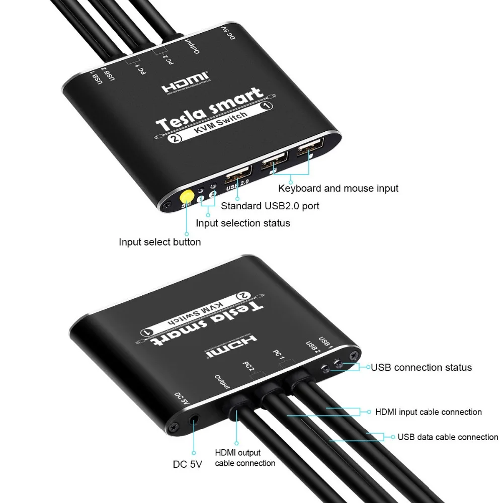 KVM переключатель Tesla smart высококачественный 2-портовый USB HDMI Кабельный с дополнительным USB 2,0 портом поддержка 4 K* 2 K(3840x2160