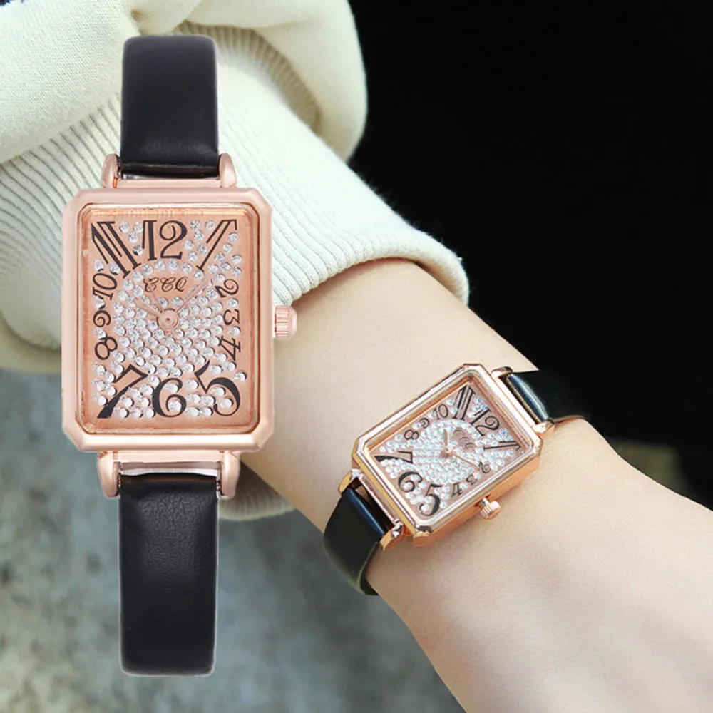 

Женские часы с квадратным циферблатом и бриллиантами, элегантные женские кварцевые наручные часы с кожаным ремешком, женские часы Zegarek Damski ...