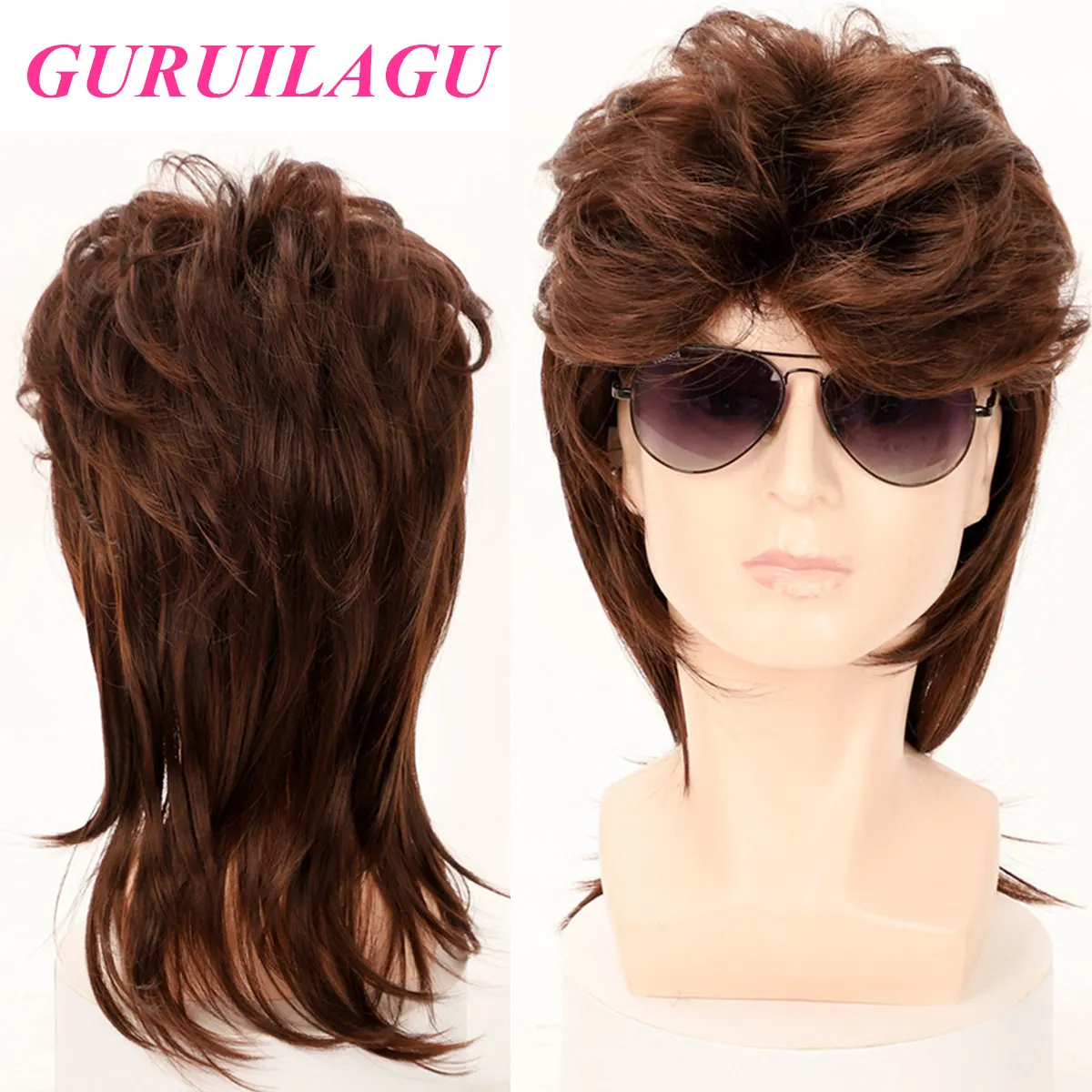 GURUILAGU Wigs for Men Heat Resistant Fiber Synthetic Hair Men's Wig Black Brown Natural Wigs Male Retro Rock Party Cosplay Wig