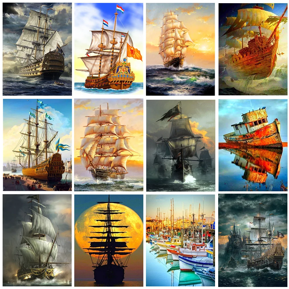 

Diamond Painting Boat Cross Stitch Kit Diamond Embroidery Landscape Ship Sailing Sea Diamond Mosaic Full Square Drill Sale Gift