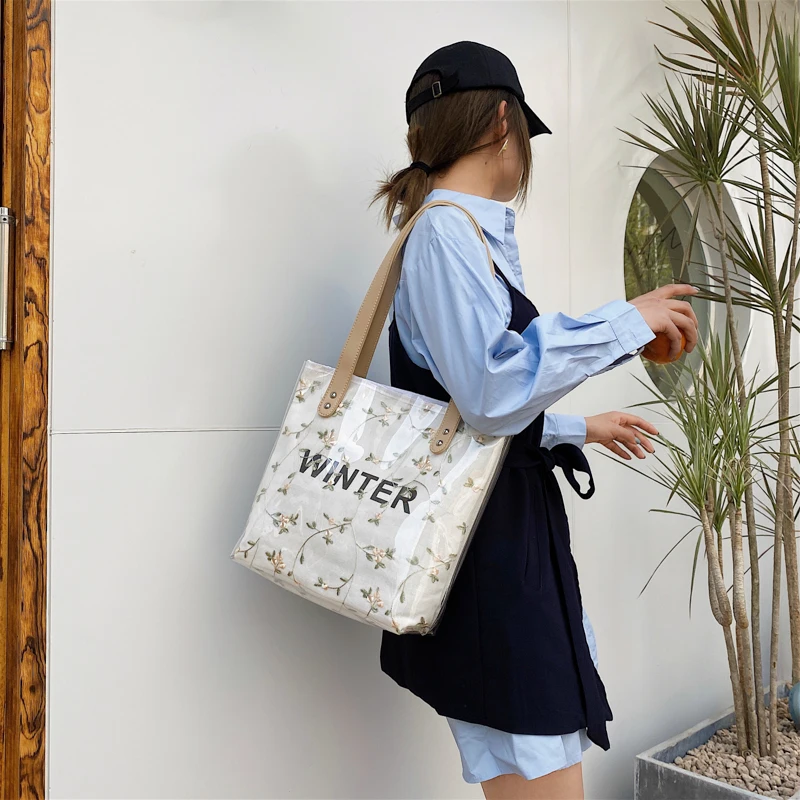 Большая летняя Холщовая Сумка тоут для женщин вместительная прозрачная сумка на