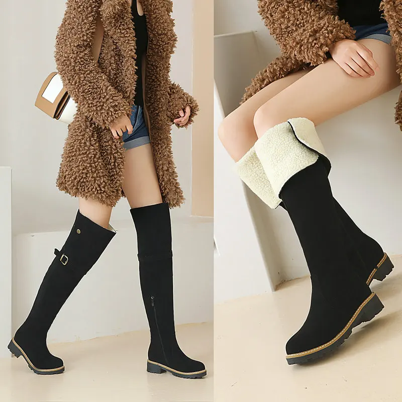 

Warm Winter Lambswool Women Knee High Boots Fashion Zipper Buckle Over The Knee Boots Ladies Round Toe Low Heel Boots Woman