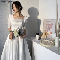 kaunissina short wedding dress satin knee length simple square collar bridal gown women bride cheap white marriage dresses robe