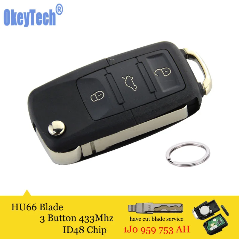 

OkeyTech Remote Car Key for V W Golf Passat Polo Bora EOS CC Flip Key Ring ID48 Chip 433Mhz 3 Button Blank Blade HAA 1J0959753AH