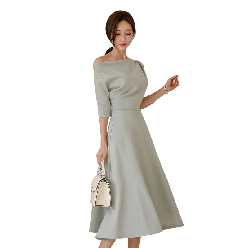 

Spring autumn ladies new Korean dress elegant temperament word shoulder waist was thin long section A word dress A826