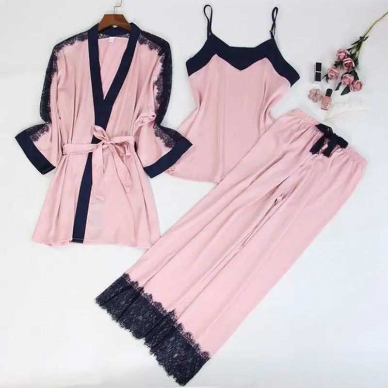 Smmoloa Women Sexy Silk Pajamas Satin Lace Tank+Robe+Pant Pijamas 3 Piece Sets Pyjama | Женская одежда