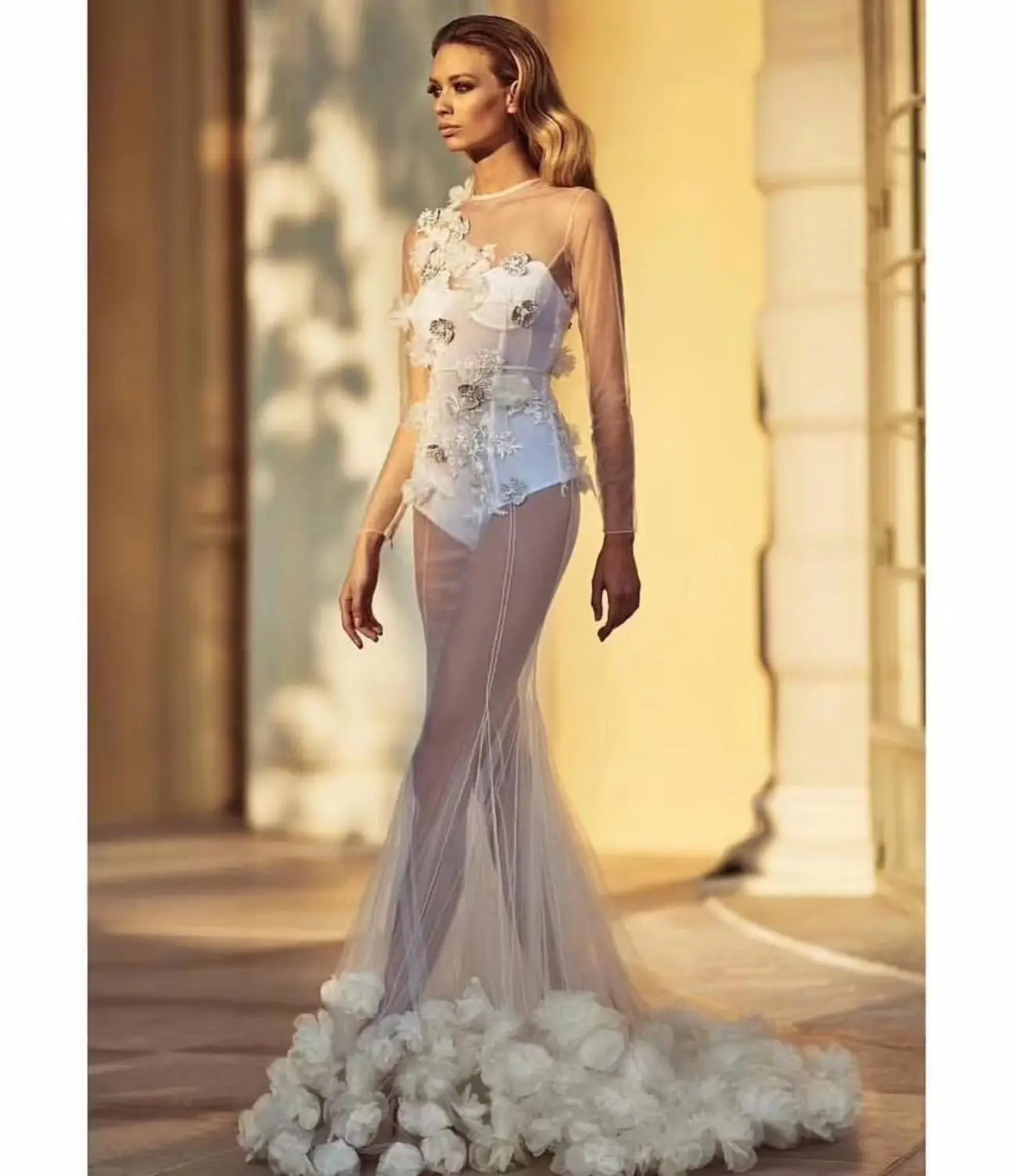 

Женское Сетчатое платье с круглым вырезом, Белое Облегающее вечернее платье с длинным рукавом, в стиле звезд, для вечеринки, для лета, 2019