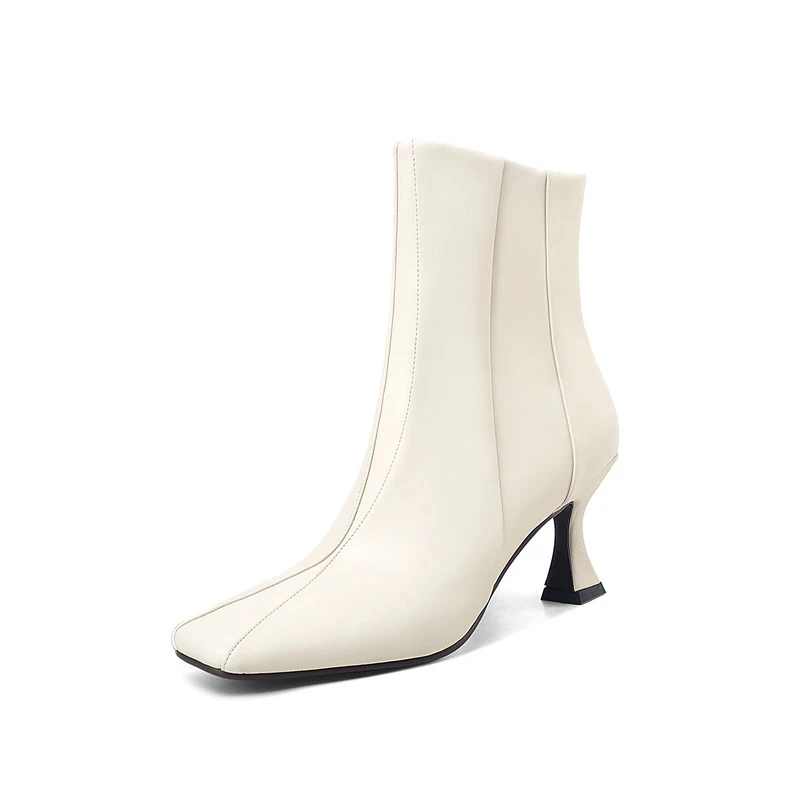 

ANNYMOLI High Heel Woman Boots Square Toe Ankle Boots Stiletto Heel Shoes Zip Ladies Short Boots Autumn Winter White Big Size 43
