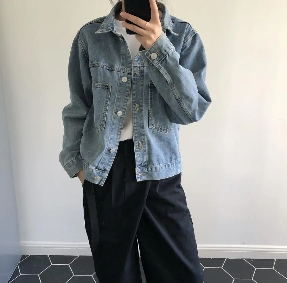 

Autumn Korean Denim Coat Women Casual Lapel Short Loose Long Sleeve Cotton Single Breasted Blue Denim Jacket Female Tops Q212
