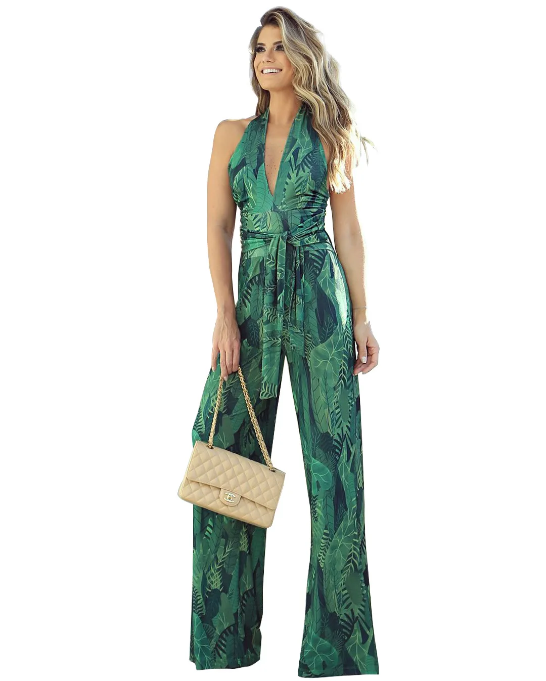 

WEPBEL Women's Sexy Floral Print Slim-Fit Jumpsuits Summer Fashion Halter V-neck Sleeveless Lace-up Wide-Leg Jumpsuits