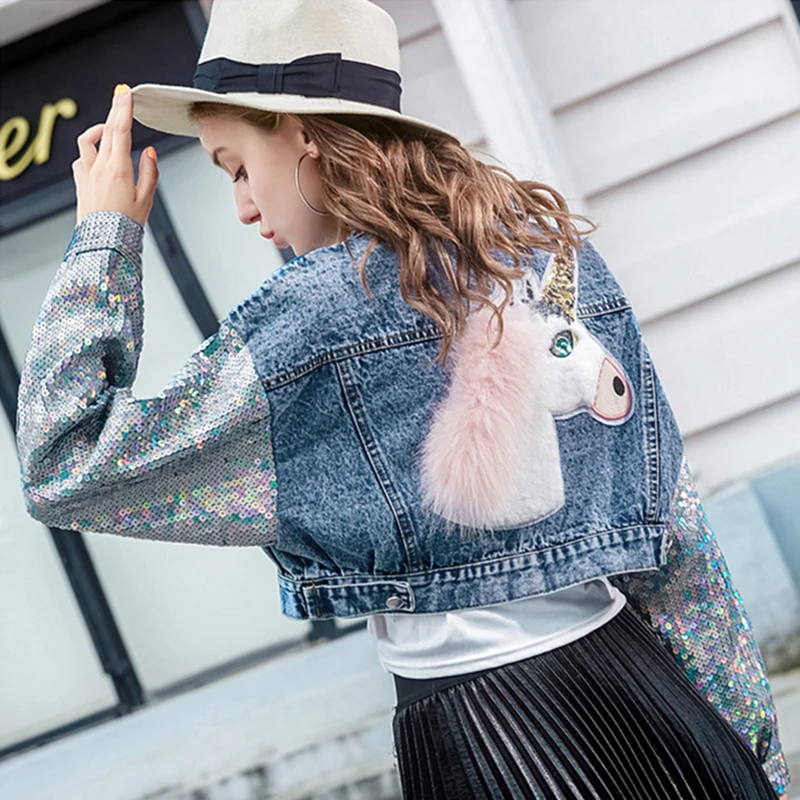 

Cropped Woman Jeans Jacket Animal Appliques Sequins Long Sleeve Girls Short Coat 2020 Shimmer Beading Female Streetwear