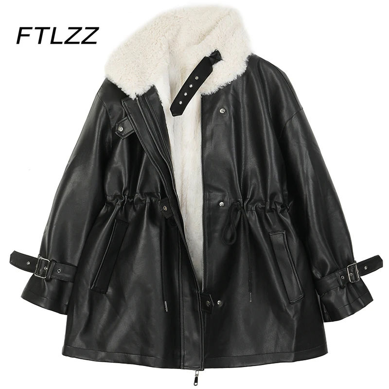 

Куртка женская из искусственной овечьей шерсти, теплая Модная свободная Байкерская мотоциклетная кожаная верхняя одежда с длинным рукавом...