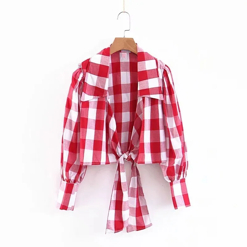 

New Design Hot Sexy Long Lantern Sleeve Womens Short Sleeve Solid Plaid Fashion Lace Up High Street Female Slim Fit Blouse