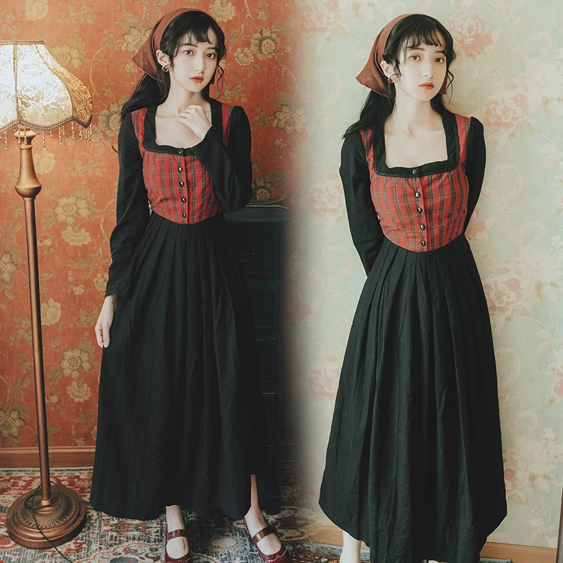 

Vintage Women dress Square Collar Plaid Patchwork Full Sleeve Large False Send Scarf Dresses Spell It All Black 3530
