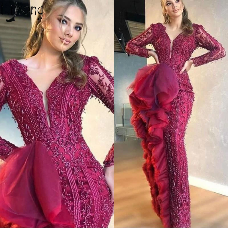 2020 роскошное бордовое Расшитое бисером платье русалки для выпускного вечера