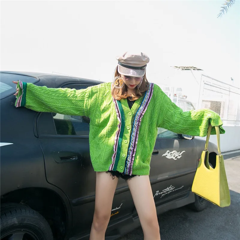 Женский уличный кардиган свободный шикарный свитер зеленого цвета с ушками