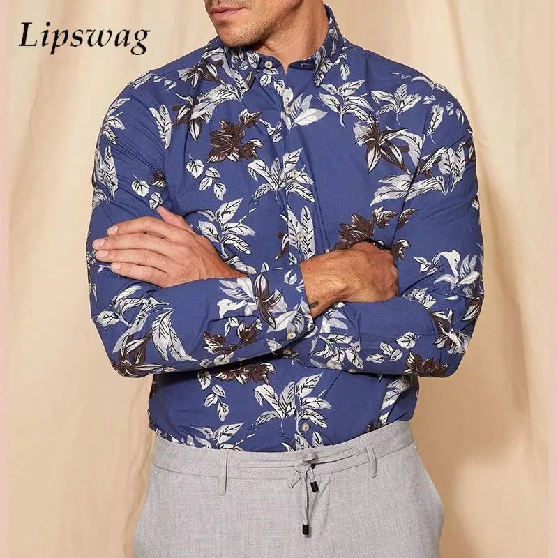 

Рубашка мужская с отложным воротником, длинным рукавом и цветочным принтом
