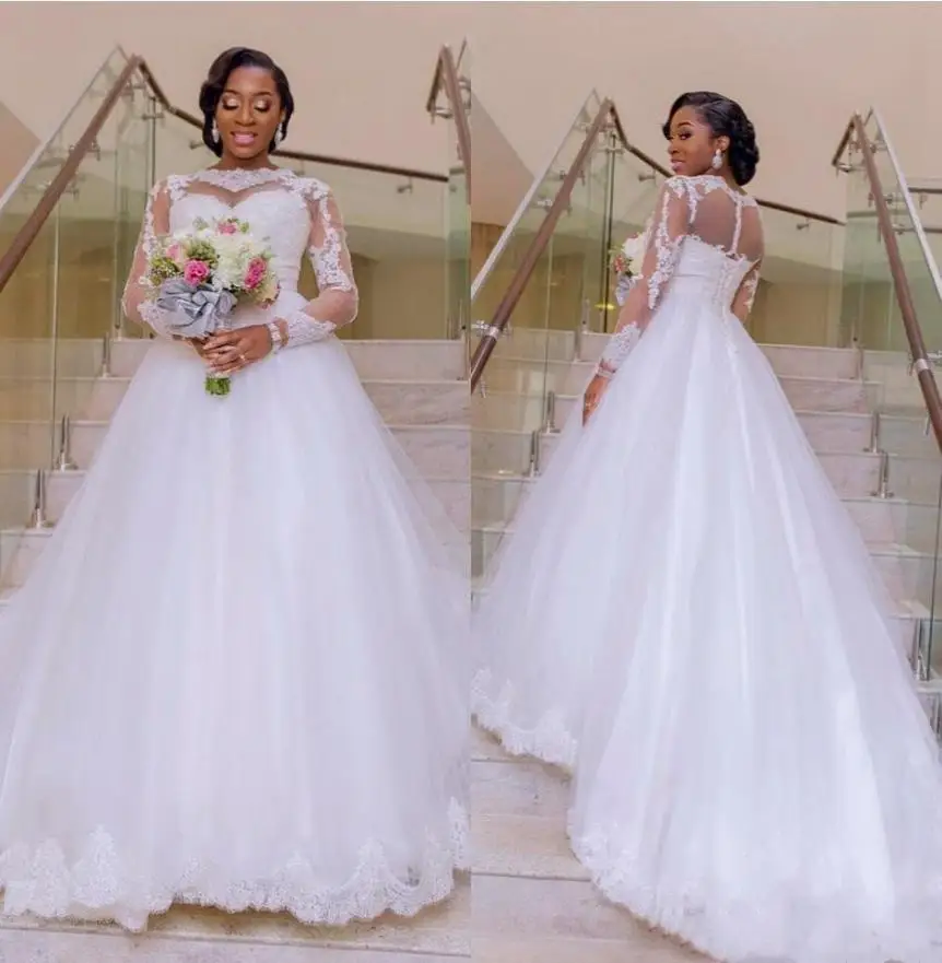 

Wedding Dresses African Jewel Illusion Sheer Long Sleeves Lace Applique Beads Tulle Sweep Train Plus Size Formal Bridal Gown