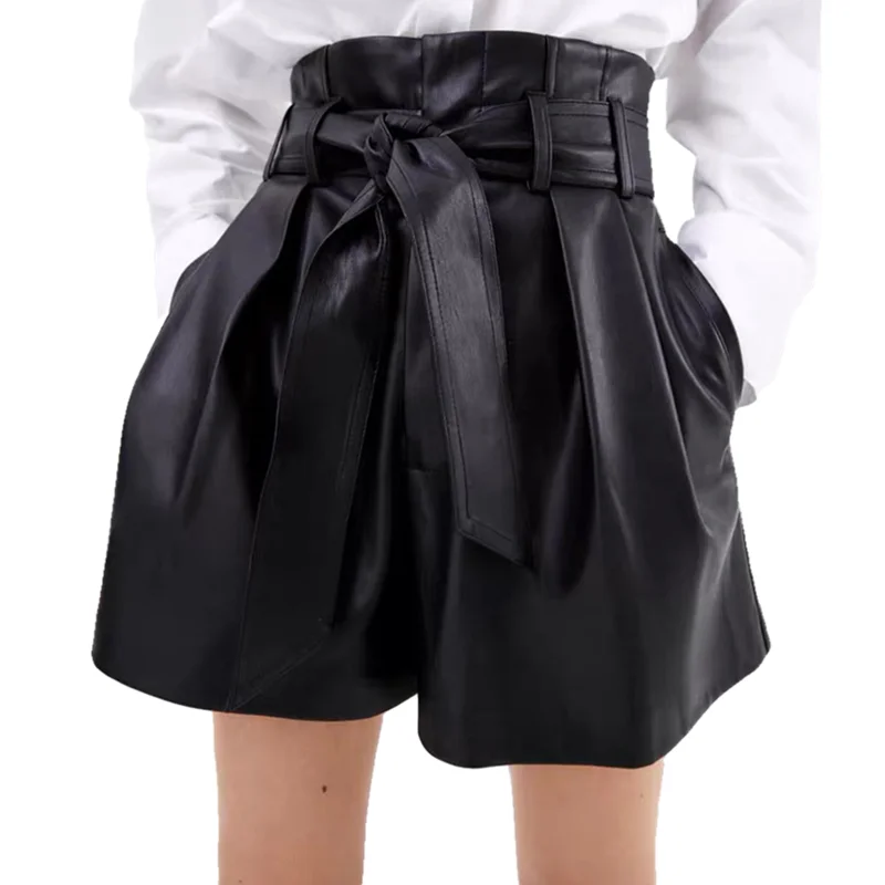 New Fashion Genuine Sheep Leather Shorts Women High Waist All-Match Loose Wide Leg Real Leather Shorts