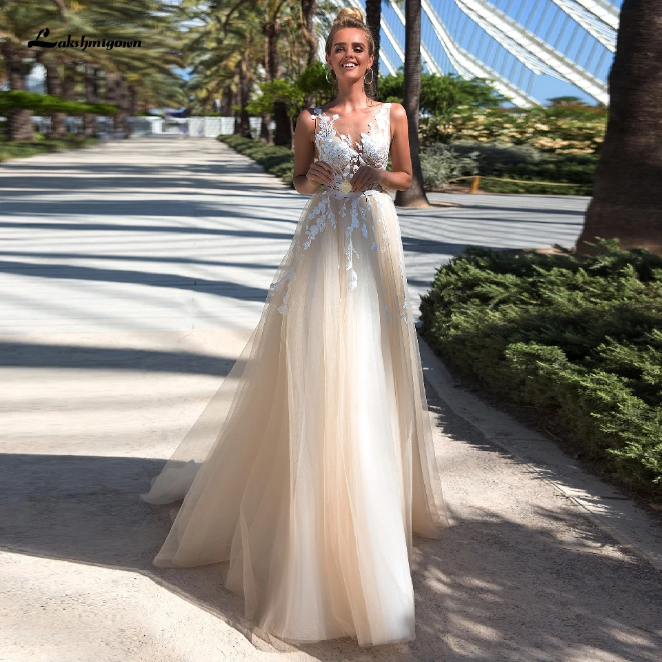 Сексуальное свадебное платье цвета шампанского для невесты пляжное 2020 из тюля