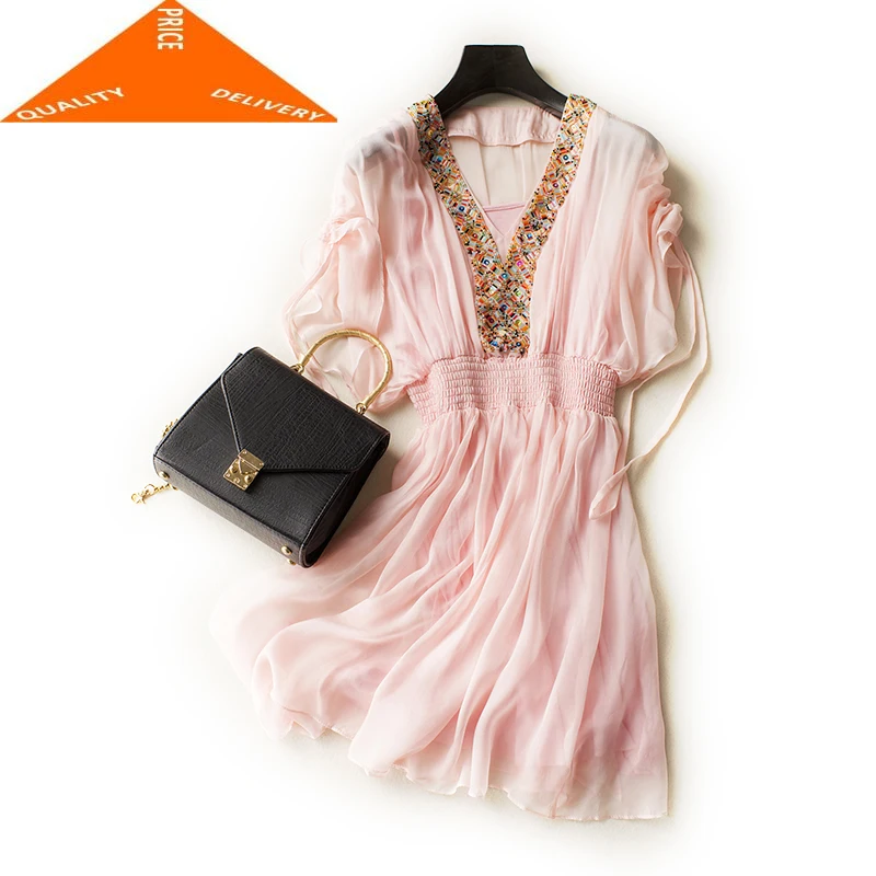 Женское шелковое платье в стиле бохо Элегантное Длинное винтажное с v образным