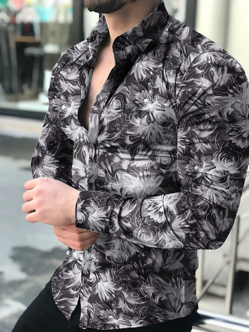 Camisas florales de manga larga de Otoño de 2021 para hombres camisas estampadas con flores de corte delgado para hombres cam