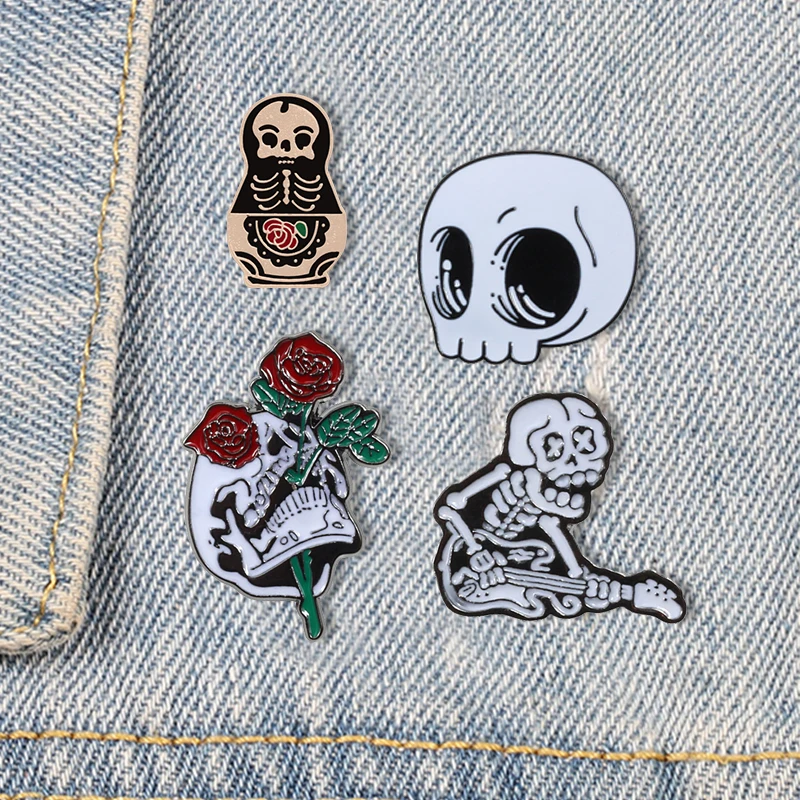 Цветочные булавки в виде черепа брошь розы цветы скелет лацкан эмалированные