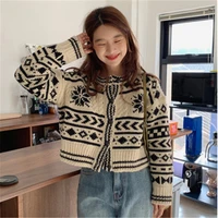 korean retro snowflake pattern sweater o neck single breasted long sleeved knitted wool jumpers casual pullovers thick tops 2020