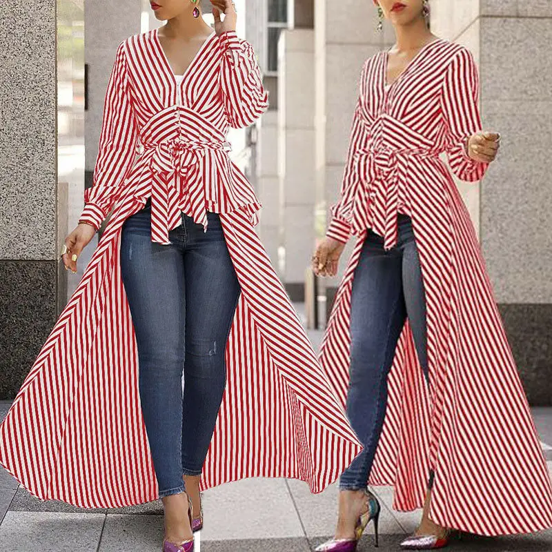 S\M\L\XL Women's Fashion Long Sleeve Irregular V-Neck Shirt Leisure Blouse High Low Tunic stripe Tops Dress | Женская одежда
