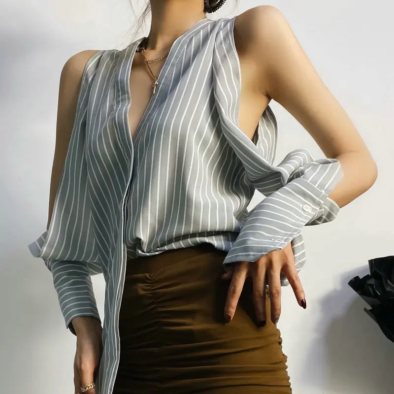 

Fashion Women Gray Striped Shirt Spring Summer Deconstruction Design Off Shoulder V-Neck Single-Breasted Top Korean Style Look