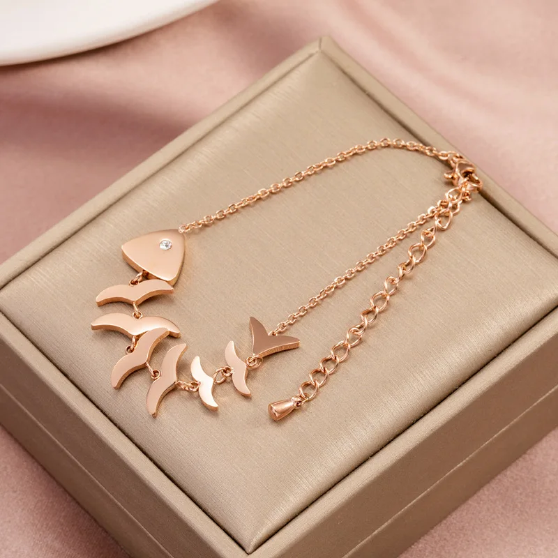 

New Simple Fishbone Bracelet Women's Korean Fashion Double Wear Net Red Titanium Steel Anklet Jewelry