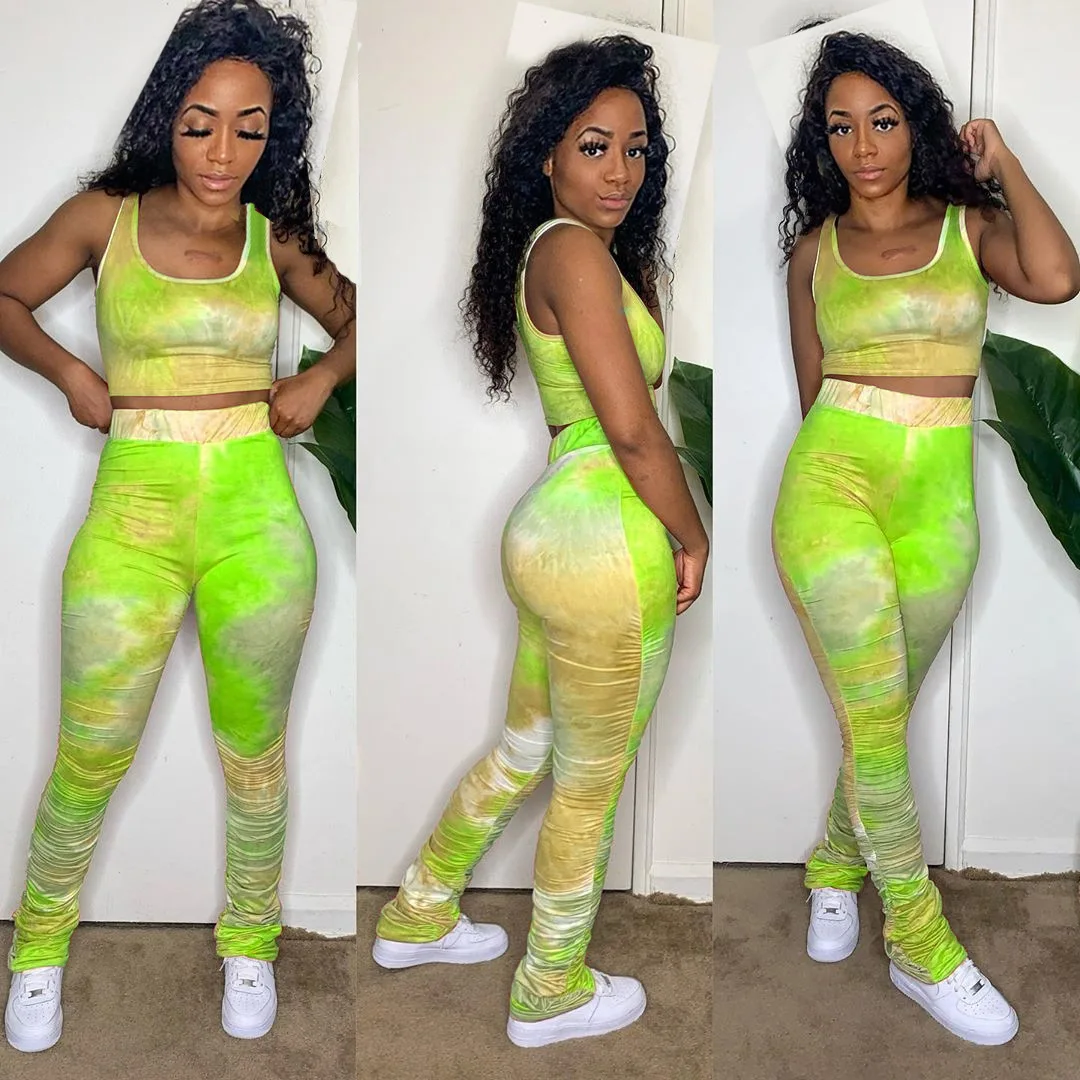 

Tie Dye Print Tank Tops and Stacked Sweatpants Suit Women Two Pieces Sets Tracksuits Sporty Fitness Night Club 2Pcs Outfit